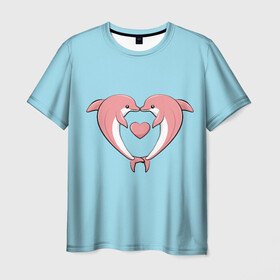 Мужская футболка 3D с принтом Дельфины в Кировске, 100% полиэфир | прямой крой, круглый вырез горловины, длина до линии бедер | 8 марта | глаза | девушке | дельфины | жене | любимой | любовь | море | океан | отдых | подарок | розовые | рыба | солнце | хвост | чувства | эстетика