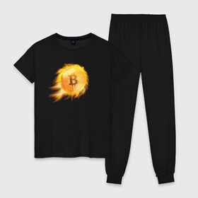 Женская пижама хлопок с принтом БИТКОИН ОГОНЬ (ВВЕРХ)  в Кировске, 100% хлопок | брюки и футболка прямого кроя, без карманов, на брюках мягкая резинка на поясе и по низу штанин | bitcoin | blockchain | btc | cardano | crypto | ethereum | polkadot | tether | xrp | бинанс | биткоин | блокчейн | валюта | деньги | криптовалюта | майнер | майнинг | цифровая валюта | цифровое золото | эфир