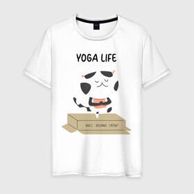Мужская футболка хлопок с принтом Yoga Life в Кировске, 100% хлопок | прямой крой, круглый вырез горловины, длина до линии бедер, слегка спущенное плечо. | yoga | здоровье | йога | кот | прикол | спорт