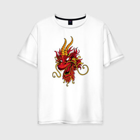 Женская футболка хлопок Oversize с принтом Китайский дракон в Кировске, 100% хлопок | свободный крой, круглый ворот, спущенный рукав, длина до линии бедер
 | dragon | дракон | китай | китайский дракон | красная дракон | огонь | рога