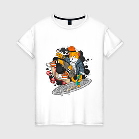 Женская футболка хлопок с принтом Кот скейтер в Кировске, 100% хлопок | прямой крой, круглый вырез горловины, длина до линии бедер, слегка спущенное плечо | доска | кеды | кот | скейтер | спорт | хипстер