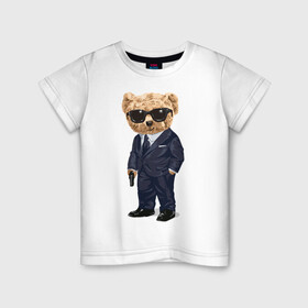 Детская футболка хлопок с принтом Мишка шпион в Кировске, 100% хлопок | круглый вырез горловины, полуприлегающий силуэт, длина до линии бедер | агент | костюм | крутой | мишка | очки | пистолет | плюшевый | смокинг | шпион