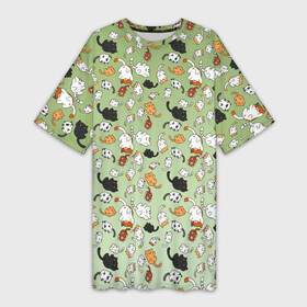 Платье-футболка 3D с принтом много рисованных котов узор в Кировске,  |  | ветеринар | градиент | домашний питомец | котейки | котики | коты | котэ | котята | кошатник | кошатница | кошачьи | кошки | любитель животных | много | мультяшные | мяу | нэко | рисованный | узор
