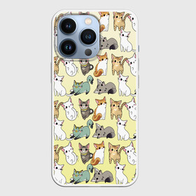 Чехол для iPhone 13 Pro с принтом мультяшные котики на желтом мя в Кировске,  |  | ветеринар | градиент | домашний питомец | котейки | котики | коты | котэ | котята | кошатник | кошатница | кошачьи | кошки | любитель животных | много | мультяшные | мяу | нэко | рисованный | узор