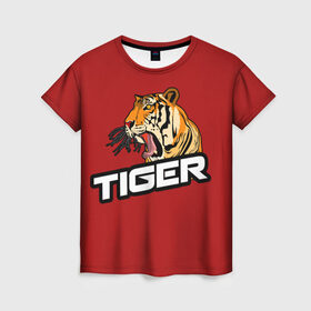 Женская футболка 3D с принтом Тигр в Кировске, 100% полиэфир ( синтетическое хлопкоподобное полотно) | прямой крой, круглый вырез горловины, длина до линии бедер | дикий | добыча | животное | лес | тигр | хищник
