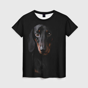 Женская футболка 3D с принтом ТАКСА в Кировске, 100% полиэфир ( синтетическое хлопкоподобное полотно) | прямой крой, круглый вырез горловины, длина до линии бедер | animal | black | dog | photo | глаза | домашние | животные | звери | пес | собакен | собаки | такса | черный