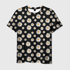 Мужская футболка 3D с принтом Ромашки на чёрном в Кировске, 100% полиэфир | прямой крой, круглый вырез горловины, длина до линии бедер | бабочки | лето | природа | рома | ромашка | ромашки | цветочки | цветы
