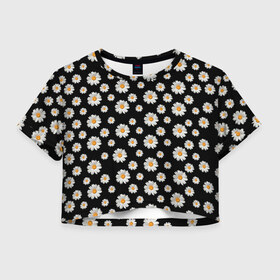 Женская футболка Crop-top 3D с принтом Ромашки на чёрном в Кировске, 100% полиэстер | круглая горловина, длина футболки до линии талии, рукава с отворотами | бабочки | лето | природа | рома | ромашка | ромашки | цветочки | цветы