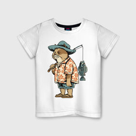 Детская футболка хлопок с принтом Котан рыбак в Кировске, 100% хлопок | круглый вырез горловины, полуприлегающий силуэт, длина до линии бедер | кот | лето | рубашка | рыба | удочка | хипстер | шлепанцы | шорты