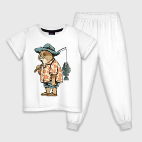 Детская пижама хлопок с принтом Котан рыбак в Кировске, 100% хлопок |  брюки и футболка прямого кроя, без карманов, на брюках мягкая резинка на поясе и по низу штанин
 | кот | лето | рубашка | рыба | удочка | хипстер | шлепанцы | шорты