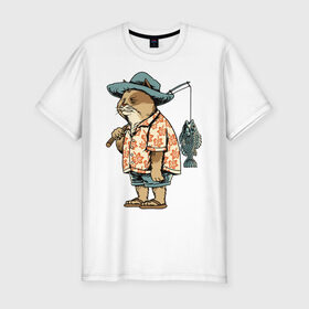 Мужская футболка хлопок Slim с принтом Котан рыбак в Кировске, 92% хлопок, 8% лайкра | приталенный силуэт, круглый вырез ворота, длина до линии бедра, короткий рукав | кот | лето | рубашка | рыба | удочка | хипстер | шлепанцы | шорты