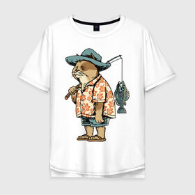 Мужская футболка хлопок Oversize с принтом Котан рыбак в Кировске, 100% хлопок | свободный крой, круглый ворот, “спинка” длиннее передней части | кот | лето | рубашка | рыба | удочка | хипстер | шлепанцы | шорты