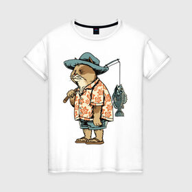 Женская футболка хлопок с принтом Котан рыбак в Кировске, 100% хлопок | прямой крой, круглый вырез горловины, длина до линии бедер, слегка спущенное плечо | кот | лето | рубашка | рыба | удочка | хипстер | шлепанцы | шорты