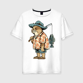 Женская футболка хлопок Oversize с принтом Котан рыбак в Кировске, 100% хлопок | свободный крой, круглый ворот, спущенный рукав, длина до линии бедер
 | кот | лето | рубашка | рыба | удочка | хипстер | шлепанцы | шорты