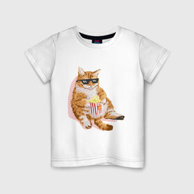 Детская футболка хлопок с принтом Ленивый кот в Кировске, 100% хлопок | круглый вырез горловины, полуприлегающий силуэт, длина до линии бедер | корн | кот | ленивый | очки | поп | попкорн | хипстер