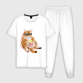 Мужская пижама хлопок с принтом Ленивый кот в Кировске, 100% хлопок | брюки и футболка прямого кроя, без карманов, на брюках мягкая резинка на поясе и по низу штанин
 | корн | кот | ленивый | очки | поп | попкорн | хипстер