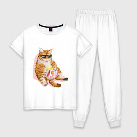 Женская пижама хлопок с принтом Ленивый кот в Кировске, 100% хлопок | брюки и футболка прямого кроя, без карманов, на брюках мягкая резинка на поясе и по низу штанин | корн | кот | ленивый | очки | поп | попкорн | хипстер