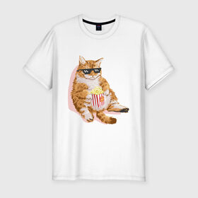 Мужская футболка хлопок Slim с принтом Ленивый кот в Кировске, 92% хлопок, 8% лайкра | приталенный силуэт, круглый вырез ворота, длина до линии бедра, короткий рукав | корн | кот | ленивый | очки | поп | попкорн | хипстер
