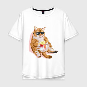 Мужская футболка хлопок Oversize с принтом Ленивый кот в Кировске, 100% хлопок | свободный крой, круглый ворот, “спинка” длиннее передней части | Тематика изображения на принте: корн | кот | ленивый | очки | поп | попкорн | хипстер