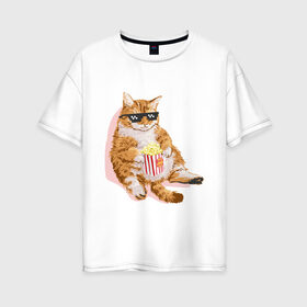 Женская футболка хлопок Oversize с принтом Ленивый кот в Кировске, 100% хлопок | свободный крой, круглый ворот, спущенный рукав, длина до линии бедер
 | корн | кот | ленивый | очки | поп | попкорн | хипстер