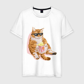 Мужская футболка хлопок с принтом Ленивый кот в Кировске, 100% хлопок | прямой крой, круглый вырез горловины, длина до линии бедер, слегка спущенное плечо. | корн | кот | ленивый | очки | поп | попкорн | хипстер