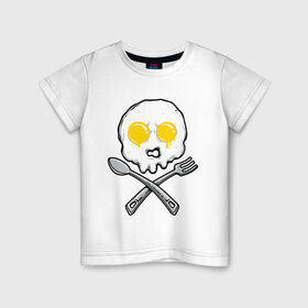 Детская футболка хлопок с принтом Череп яичница в Кировске, 100% хлопок | круглый вырез горловины, полуприлегающий силуэт, длина до линии бедер | Тематика изображения на принте: вилка | еда | завтрак | ложка | пиратский | флаг | череп | яичница | яйца