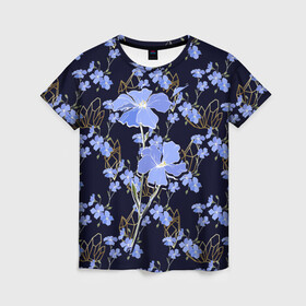 Женская футболка 3D с принтом Незабудки в Кировске, 100% полиэфир ( синтетическое хлопкоподобное полотно) | прямой крой, круглый вырез горловины, длина до линии бедер | весна | кристаллы | незабудка | полевые цветы | цветы