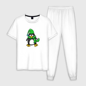 Мужская пижама хлопок с принтом Пингвин в Кировске, 100% хлопок | брюки и футболка прямого кроя, без карманов, на брюках мягкая резинка на поясе и по низу штанин
 | пингвин | пингвин в шапке | пингвин в шарфе | рисунок | шарф
