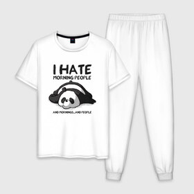 Мужская пижама хлопок с принтом I Hate Morning And People в Кировске, 100% хлопок | брюки и футболка прямого кроя, без карманов, на брюках мягкая резинка на поясе и по низу штанин
 | and | hate | i | morning | mornings | panda | people | людей | люди | ненавижу | панда | утро