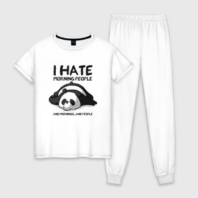 Женская пижама хлопок с принтом I Hate Morning And People в Кировске, 100% хлопок | брюки и футболка прямого кроя, без карманов, на брюках мягкая резинка на поясе и по низу штанин | Тематика изображения на принте: and | hate | i | morning | mornings | panda | people | людей | люди | ненавижу | панда | утро