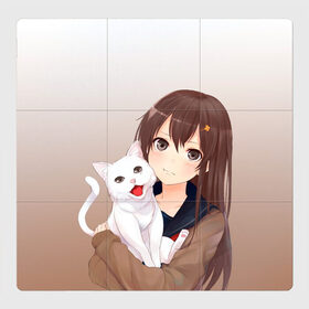 Магнитный плакат 3Х3 с принтом Девочка и белый кот аниме в Кировске, Полимерный материал с магнитным слоем | 9 деталей размером 9*9 см | аниме | белый котенок | градиент | девочка | девушка | детский | кавай | кот | кошка | манга | мило | мультяшный | персонаж | рисунок