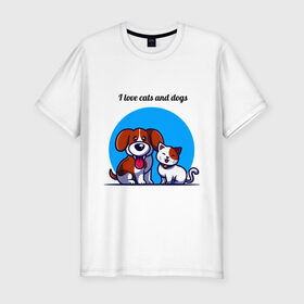 Мужская футболка хлопок Slim с принтом cat and dog в Кировске, 92% хлопок, 8% лайкра | приталенный силуэт, круглый вырез ворота, длина до линии бедра, короткий рукав | cat | dog | dogs and cats | loving animals