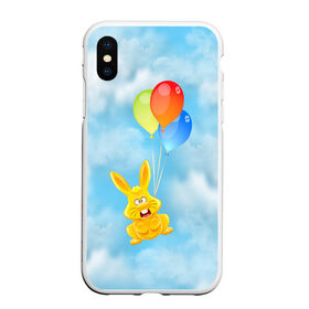 Чехол для iPhone XS Max матовый с принтом Харитон на воздушных шариках в Кировске, Силикон | Область печати: задняя сторона чехла, без боковых панелей | воздушные шары | детям | желейный заяц | зайчики | заяц | заяц харитон | звери | кролик | небо | харитошка