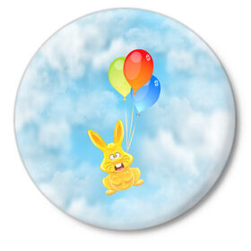 Значок с принтом Харитон на воздушных шариках в Кировске,  металл | круглая форма, металлическая застежка в виде булавки | воздушные шары | детям | желейный заяц | зайчики | заяц | заяц харитон | звери | кролик | небо | харитошка