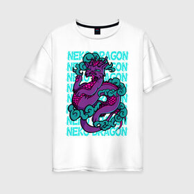Женская футболка хлопок Oversize с принтом котик дракон в Кировске, 100% хлопок | свободный крой, круглый ворот, спущенный рукав, длина до линии бедер
 | cat | cute | dragon | harajuku | kawaii | neko | вектор | дракон | кот | котик | облака | ориентал