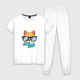 Женская пижама хлопок с принтом Очковая кошка в Кировске, 100% хлопок | брюки и футболка прямого кроя, без карманов, на брюках мягкая резинка на поясе и по низу штанин | домашняя кошка | кошка | мелус кот | милый кот | мышка | очки | очковая кошка | французская кошка