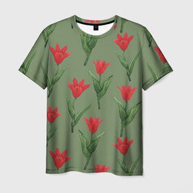 Мужская футболка 3D с принтом Красные тюльпаны на зеленом в Кировске, 100% полиэфир | прямой крой, круглый вырез горловины, длина до линии бедер | Тематика изображения на принте: 8 марта | flowers | march 8 | spring | ботаническая иллюстрация | весна | день рождения | зеленый | красный | лето | любовь | праздник | принт | природа | растения | тюльпаны | цветы