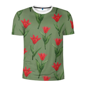 Мужская футболка 3D спортивная с принтом Красные тюльпаны на зеленом в Кировске, 100% полиэстер с улучшенными характеристиками | приталенный силуэт, круглая горловина, широкие плечи, сужается к линии бедра | Тематика изображения на принте: 8 марта | flowers | march 8 | spring | ботаническая иллюстрация | весна | день рождения | зеленый | красный | лето | любовь | праздник | принт | природа | растения | тюльпаны | цветы