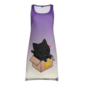 Платье-майка 3D с принтом черный котенок в коробке в Кировске, 100% полиэстер | полуприлегающий силуэт, широкие бретели, круглый вырез горловины, удлиненный подол сзади. | арт | бокс | градиент | кавай | коробка | кот | котенок | котик | миленько | милота | рисунок