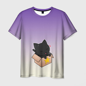 Мужская футболка 3D с принтом черный котенок в коробке в Кировске, 100% полиэфир | прямой крой, круглый вырез горловины, длина до линии бедер | арт | бокс | градиент | кавай | коробка | кот | котенок | котик | миленько | милота | рисунок