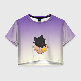 Женская футболка Crop-top 3D с принтом черный котенок в коробке в Кировске, 100% полиэстер | круглая горловина, длина футболки до линии талии, рукава с отворотами | арт | бокс | градиент | кавай | коробка | кот | котенок | котик | миленько | милота | рисунок