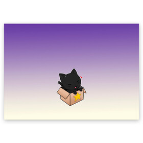 Поздравительная открытка с принтом черный котенок в коробке в Кировске, 100% бумага | плотность бумаги 280 г/м2, матовая, на обратной стороне линовка и место для марки
 | Тематика изображения на принте: арт | бокс | градиент | кавай | коробка | кот | котенок | котик | миленько | милота | рисунок