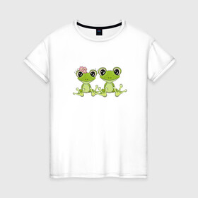 Женская футболка хлопок с принтом Пара Лягушек в Кировске, 100% хлопок | прямой крой, круглый вырез горловины, длина до линии бедер, слегка спущенное плечо | животные | лягушки | пара | пара лягушек | рисунок