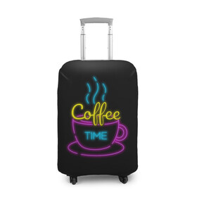 Чехол для чемодана 3D с принтом Время кофе (Неон) в Кировске, 86% полиэфир, 14% спандекс | двустороннее нанесение принта, прорези для ручек и колес | coffee time | время кофе | дымящийся кофе | кофе | неон