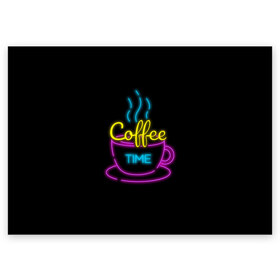 Поздравительная открытка с принтом Время кофе (Неон) в Кировске, 100% бумага | плотность бумаги 280 г/м2, матовая, на обратной стороне линовка и место для марки
 | coffee time | время кофе | дымящийся кофе | кофе | неон