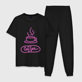 Мужская пижама хлопок с принтом Кофе в Кировске, 100% хлопок | брюки и футболка прямого кроя, без карманов, на брюках мягкая резинка на поясе и по низу штанин
 | coffee | neon | дымящийся кофе | кофе | неон