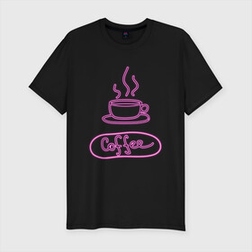 Мужская футболка хлопок Slim с принтом Кофе в Кировске, 92% хлопок, 8% лайкра | приталенный силуэт, круглый вырез ворота, длина до линии бедра, короткий рукав | coffee | neon | дымящийся кофе | кофе | неон