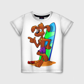 Детская футболка 3D с принтом Лыжная собака в Кировске, 100% гипоаллергенный полиэфир | прямой крой, круглый вырез горловины, длина до линии бедер, чуть спущенное плечо, ткань немного тянется | вода | животное | краб | лыжи | лыжная собака | море | пляж | собака
