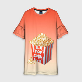 Детское платье 3D с принтом попкорн рисунок в Кировске, 100% полиэстер | прямой силуэт, чуть расширенный к низу. Круглая горловина, на рукавах — воланы | вкусняшка | воздушная кукуруза | еда | кино | кинопросмотр | киносеанс | кинотеатр | попкорн