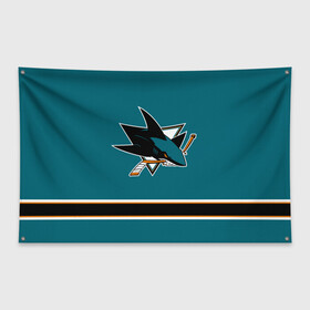 Флаг-баннер с принтом Сан-Хосе Шаркс (Форма1) в Кировске, 100% полиэстер | размер 67 х 109 см, плотность ткани — 95 г/м2; по краям флага есть четыре люверса для крепления | акула | нхл | сан хосе шаркс | хоккей | шаркс форма